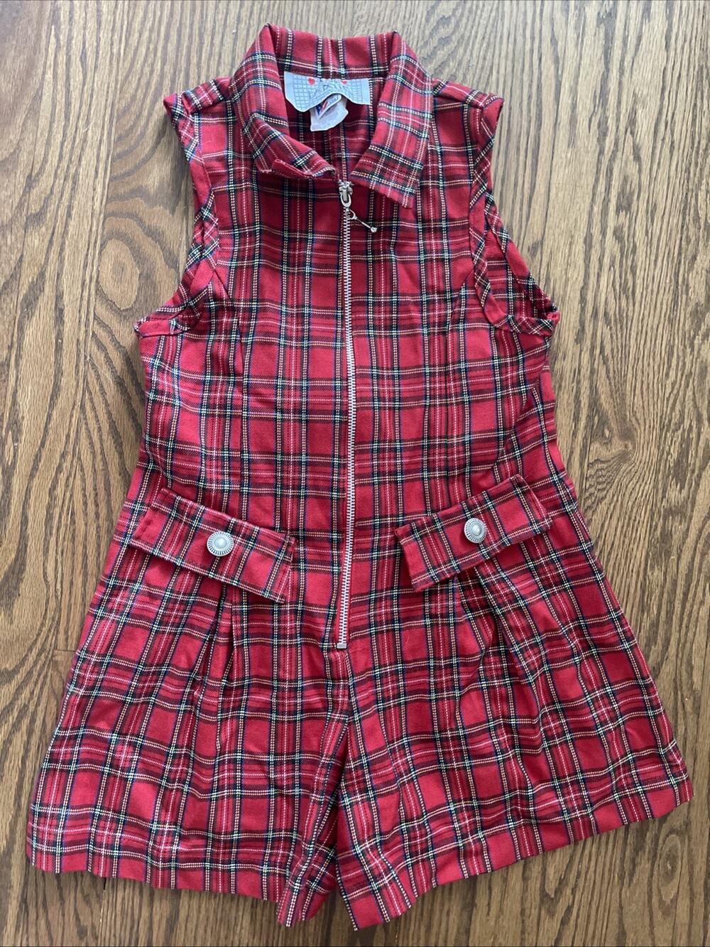 Vintage Kids By La Belle Plaid Jumper Romper Red Christmas USA Made Girls Small